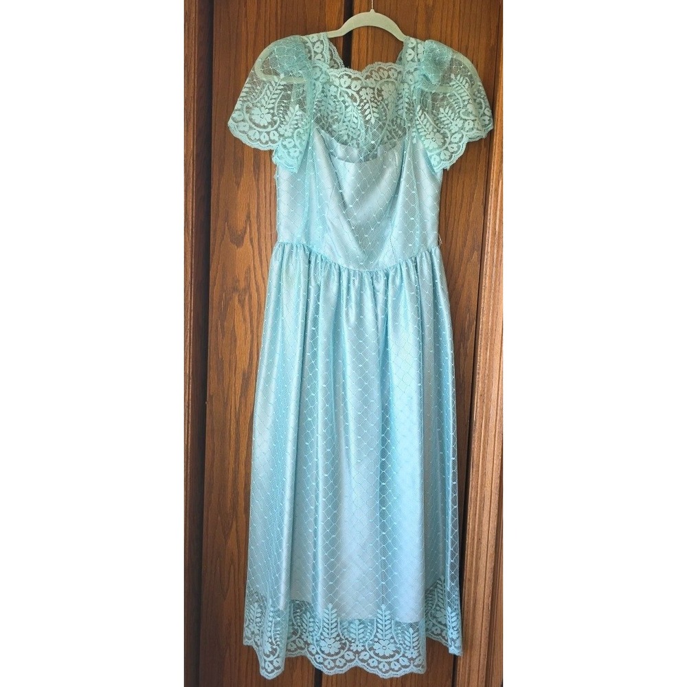 Vintage 70s JCPenney ILGWU Blue Lace Prairie Dress Empire Waist Made In USA  S/M